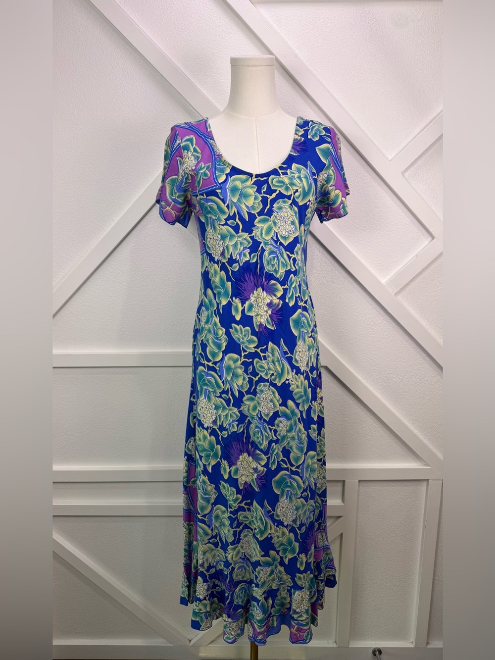 Rainbow Jo Hawaiian Blue Floral Rayon Midi Maxi Dress Women’s Size Small